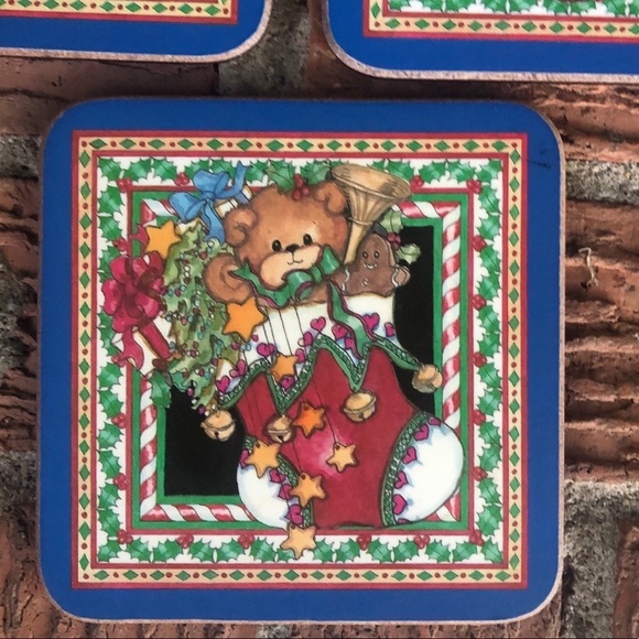 Set of 5 Pimpernel Christmas Stockings Teddy Bears & Toys Cork Back Coasters - Picture 4 of 8